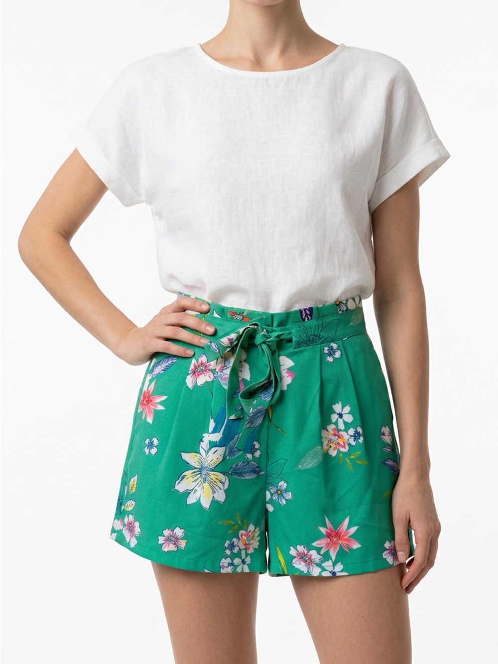 DR2 Green Floral Tie-Waist Bermuda Shorts